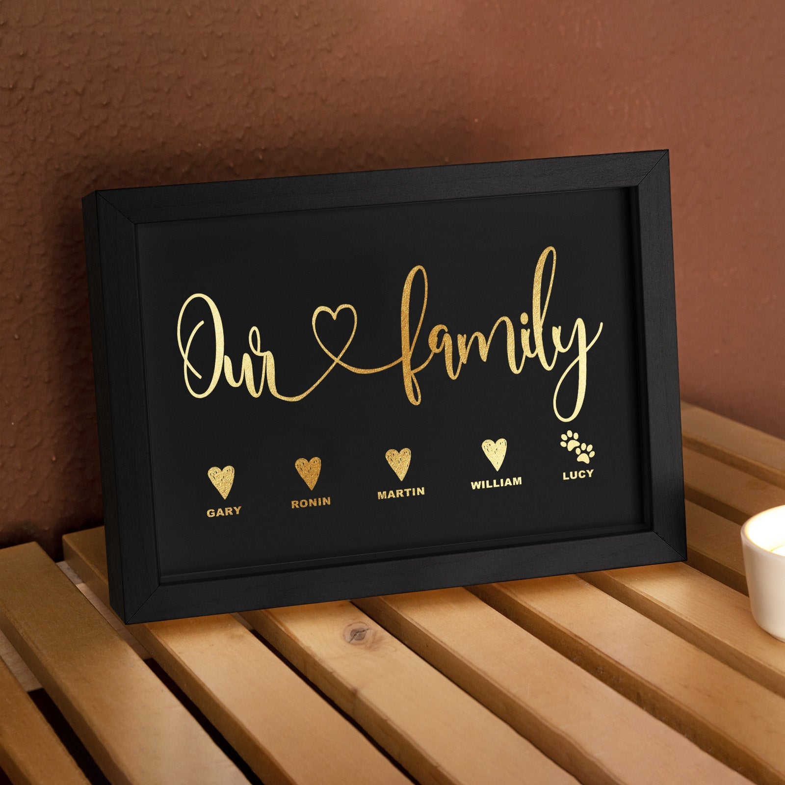 Custom Name Metallic Foil Print Wooden Frame Personalized Name With Heart Or Paws Family Gift