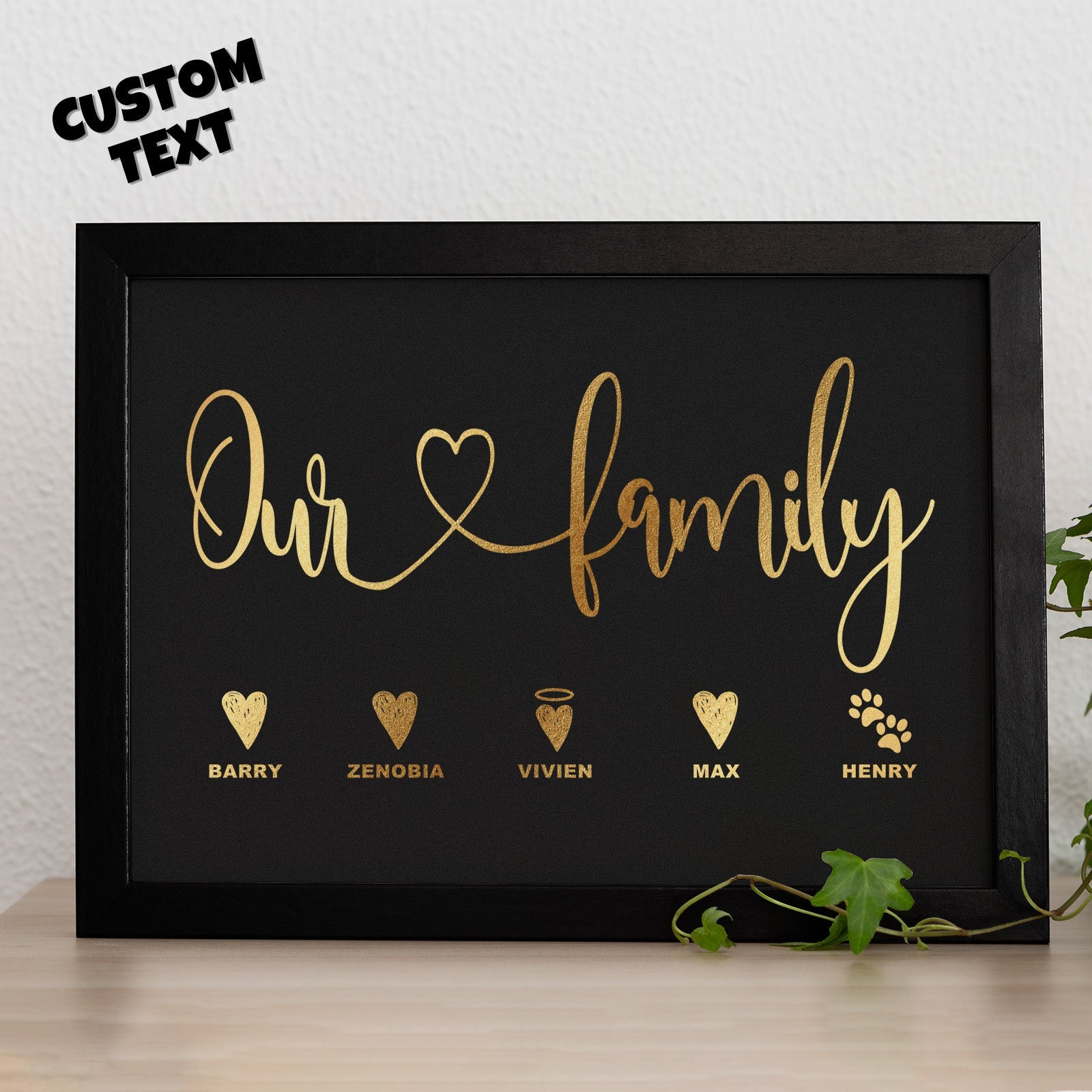 Custom Name Metallic Foil Print Wooden Frame Personalized Name With Heart Or Paws Family Gift