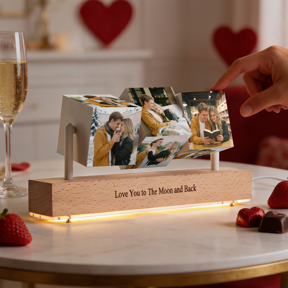 Personalized Wooden Photo Cubes on Stand Custom Photo Blocks Collage with Optional LED Light Base Three Flipping Wooden Photo Cubes -  NameNecklaceUK