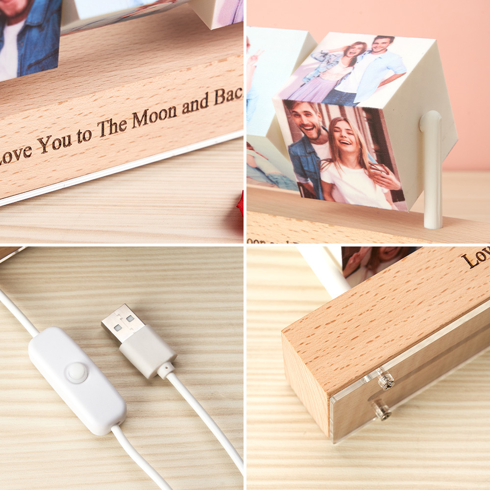 Personalized Wooden Photo Cubes on Stand Custom Photo Blocks Collage with Optional LED Light Base Three Flipping Wooden Photo Cubes -  NameNecklaceUK