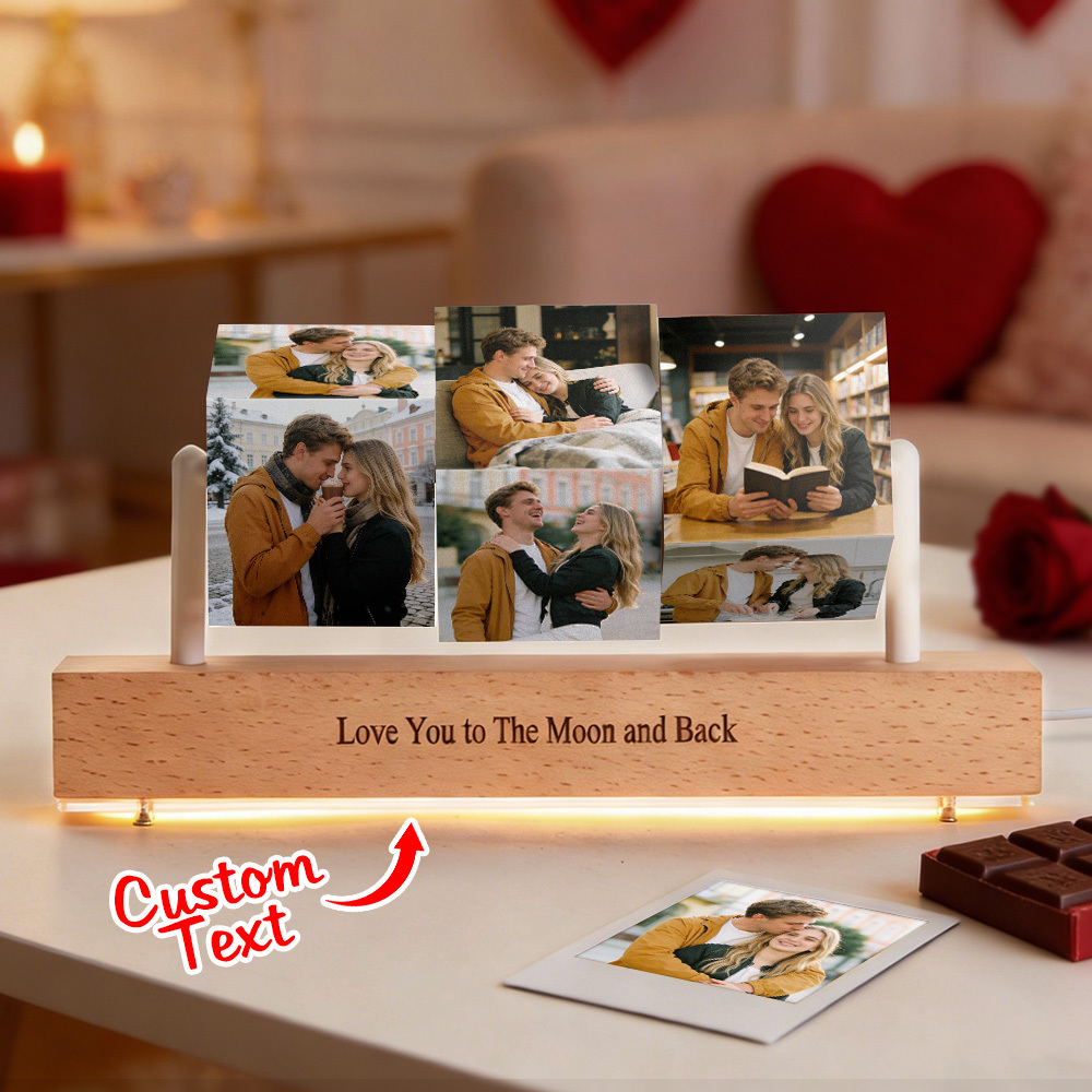Personalized Wooden Photo Cubes on Stand Custom Photo Blocks Collage with Optional LED Light Base Three Flipping Wooden Photo Cubes -  NameNecklaceUK