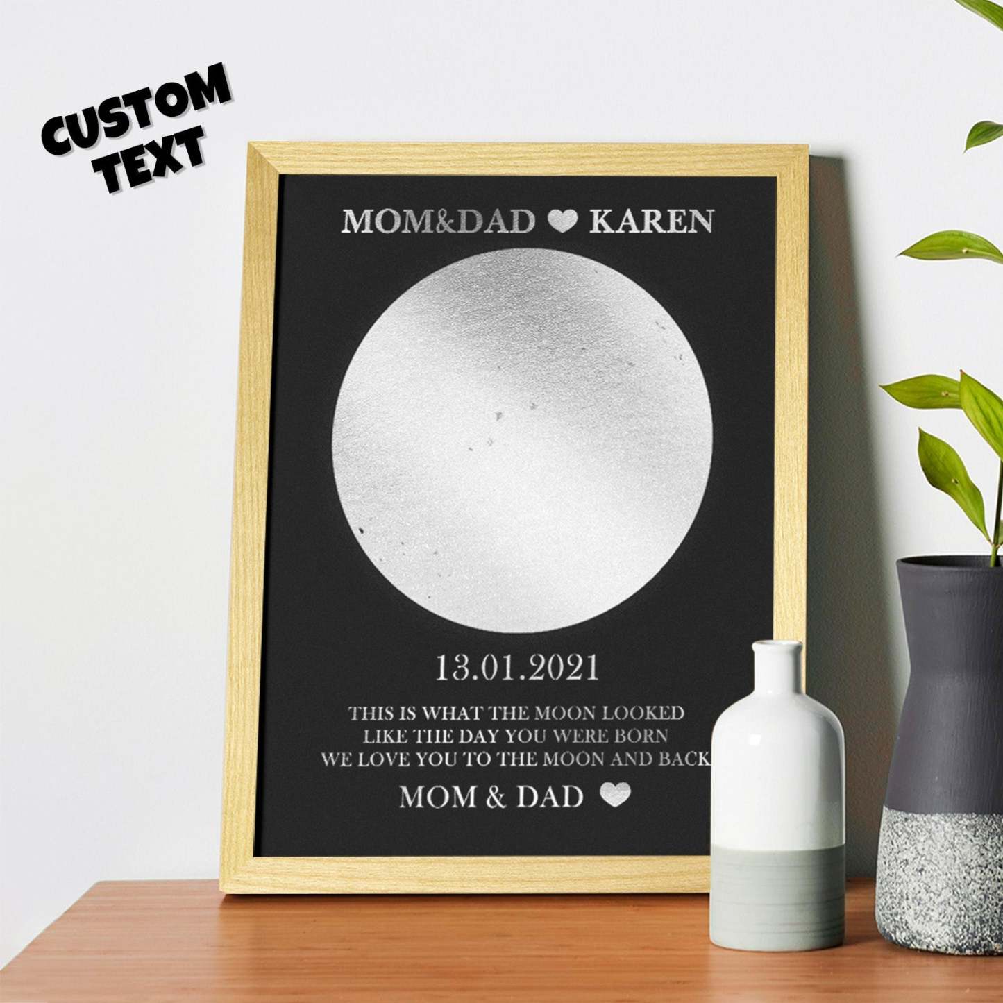 Custom Moon Phase Foil Print Wooden Frame Personalized Name and Text Family Gift - yournamenecklaceuk