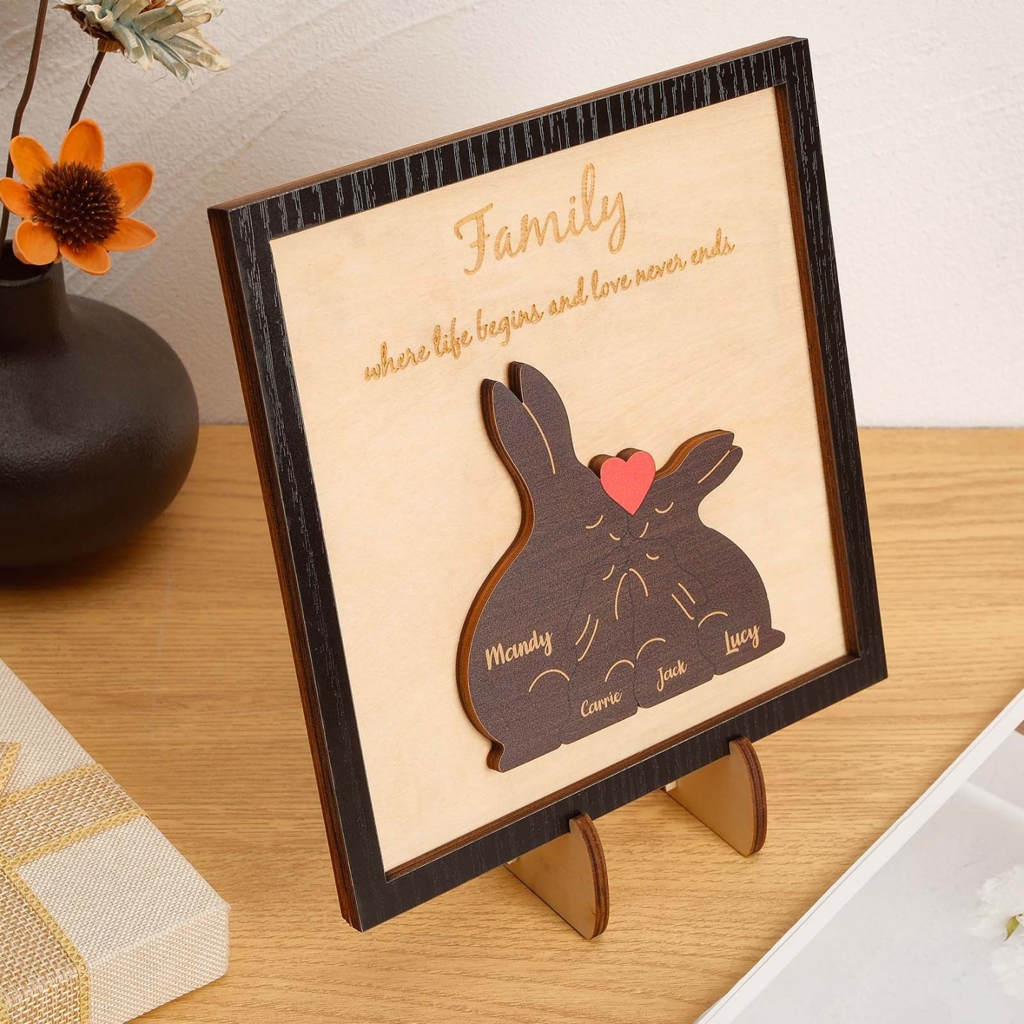 Custom Name Rabbit Family Puzzle Wooden Frame Personalized Wooden Home Decorations Motther's Day Gift - yournamenecklaceuk