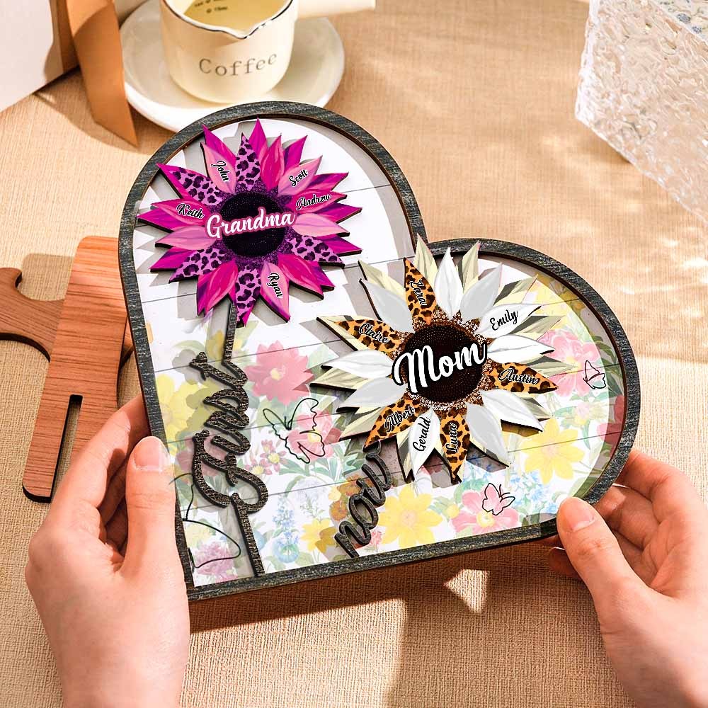 Personalized Names Wooden Plaque Heart Sunflower Gifts for Mom, Grandma Family Home Decor - yournamenecklaceuk