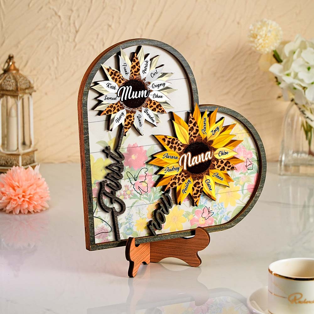 Personalized Names Wooden Plaque Heart Sunflower Gifts for Mom, Grandma Family Home Decor - yournamenecklaceuk