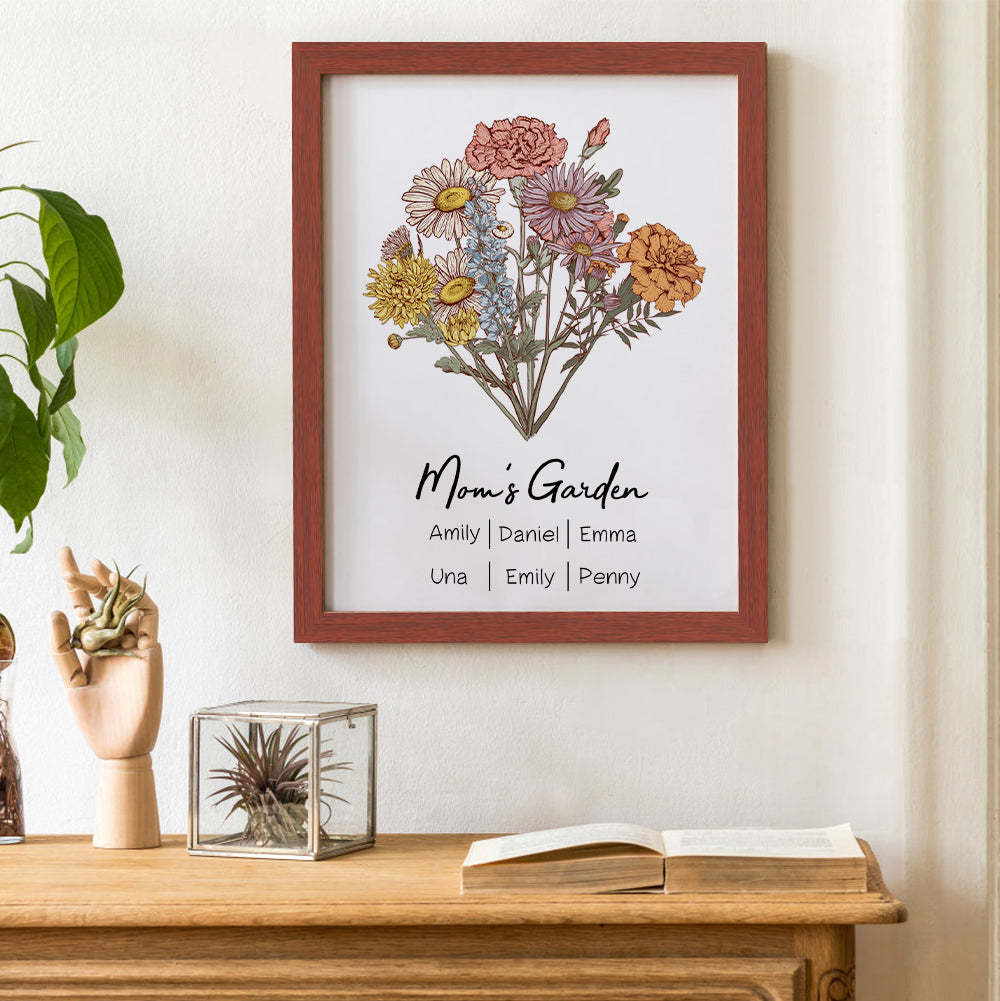 Personalized Birth flower Bouquet Red Wood Names Frame Gift for Mom - yournamenecklaceuk