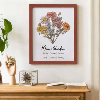 Personalized Birth flower Bouquet Red Wood Names Frame Gift for Mom - yournamenecklaceuk
