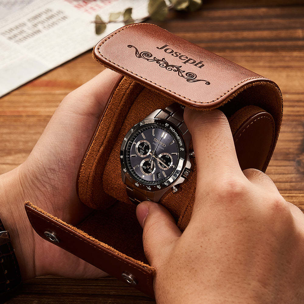 Customized Leather Watch Organizer Roll Storage Box Gift for Him - yournamenecklaceuk