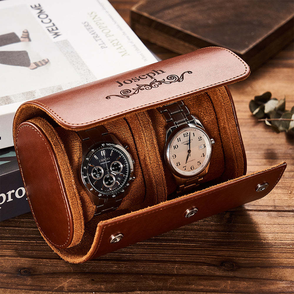 Customized Leather Watch Organizer Roll Storage Box Gift for Him - yournamenecklaceuk