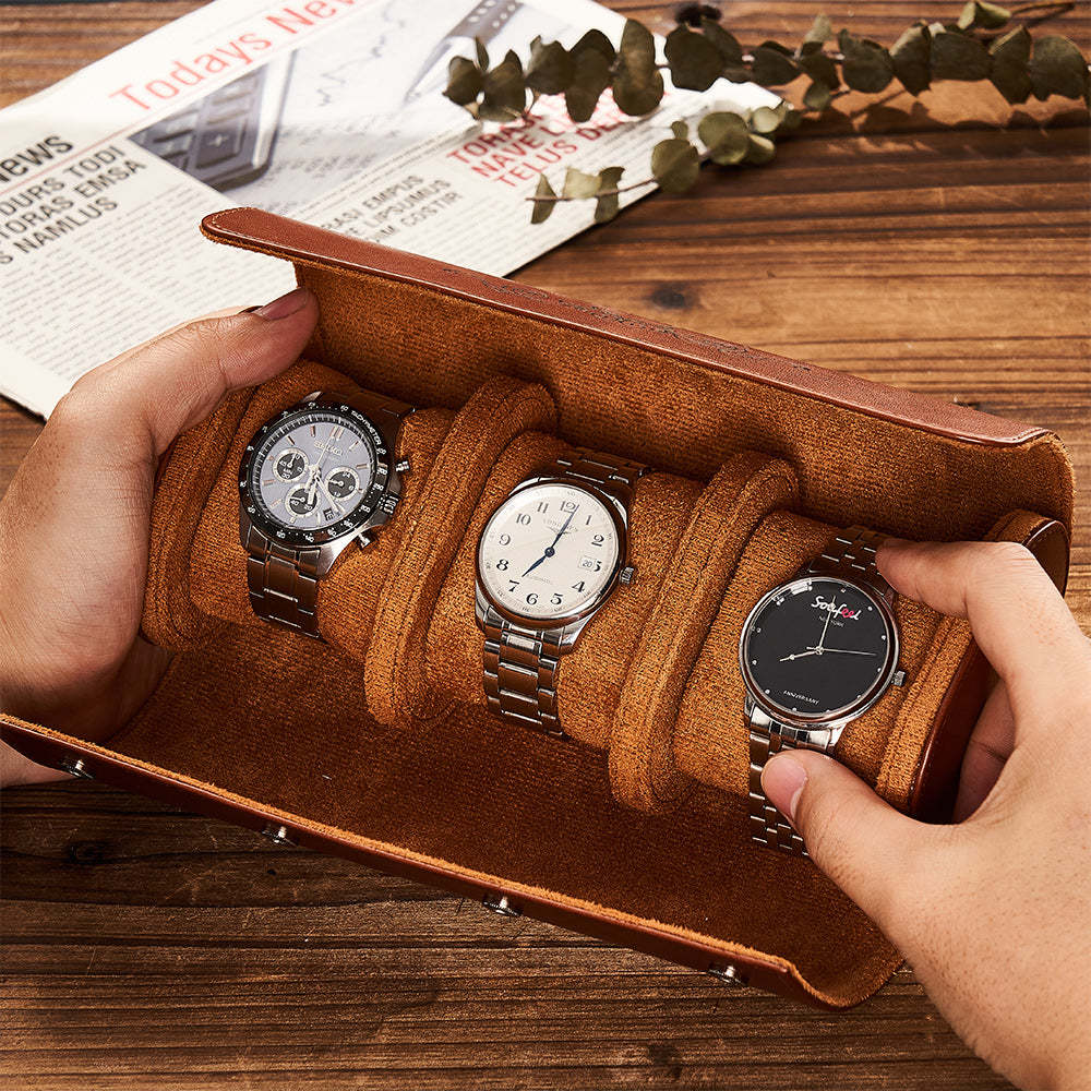 Customized Leather Watch Organizer Roll Storage Box Gift for Him - yournamenecklaceuk
