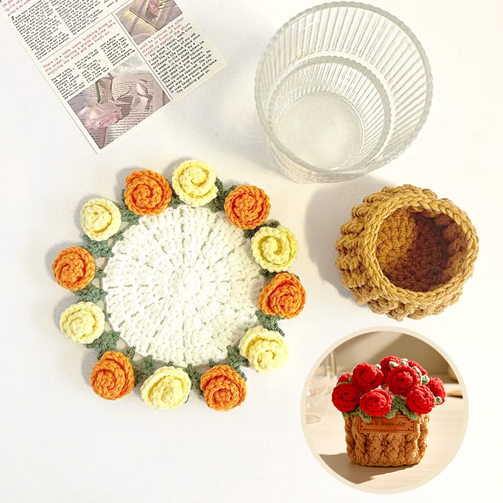 Mother's Gifts Handmade Crochet Rose Bouquet Coaster Set Transformable Floral Coaster & Home Decor Unique Eco-Friendly Gift
