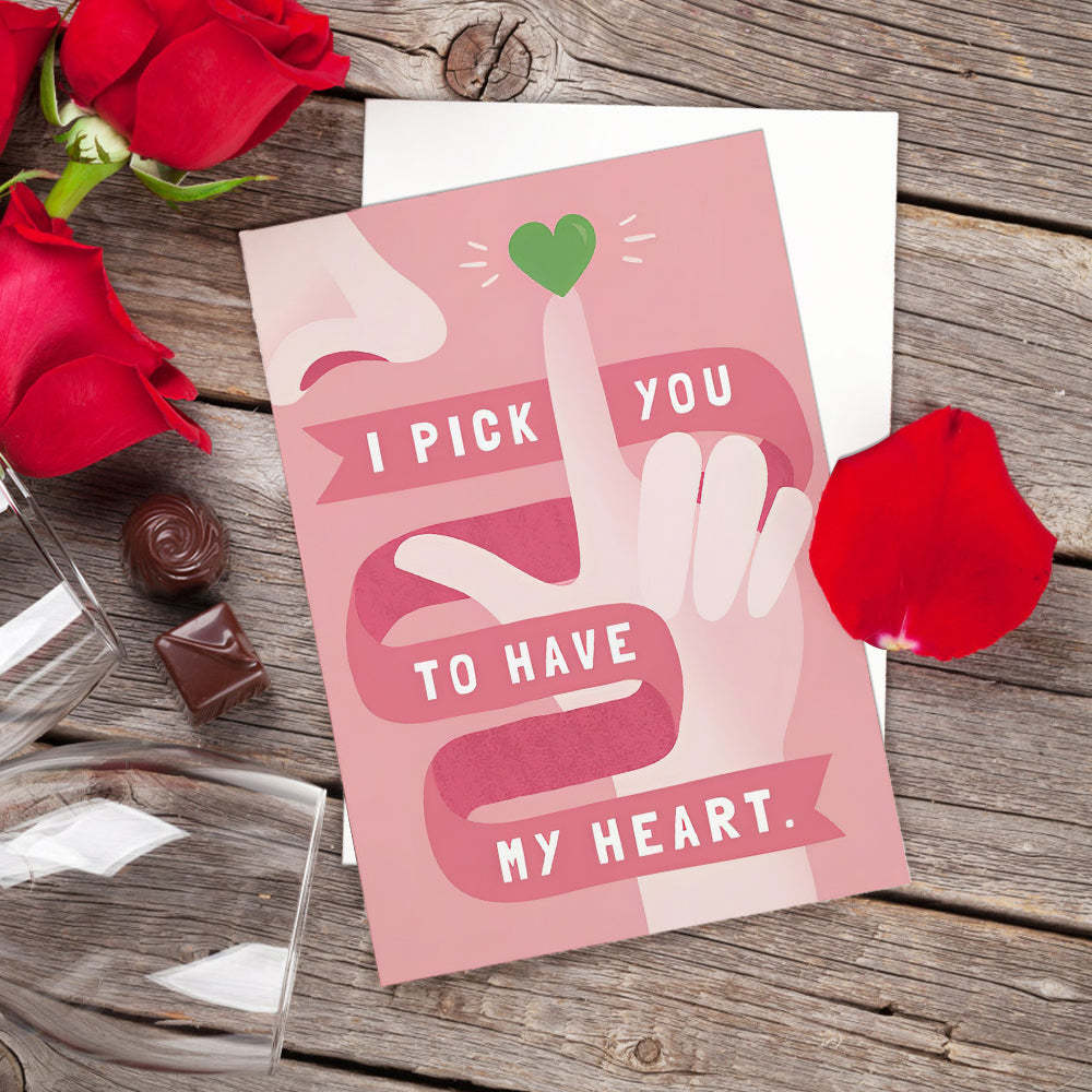 Funny I Pick You Pink Heart Greeting Card Gift for Her or Him - yournamenecklaceuk