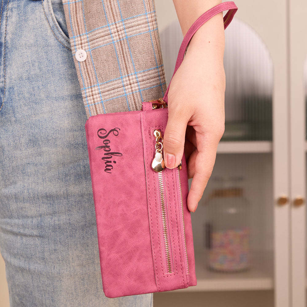 Personalized Leather Wallet with Wristlet Custom Text Wallet Birthday Bridesmaid Gift for Her - yournamenecklaceuk