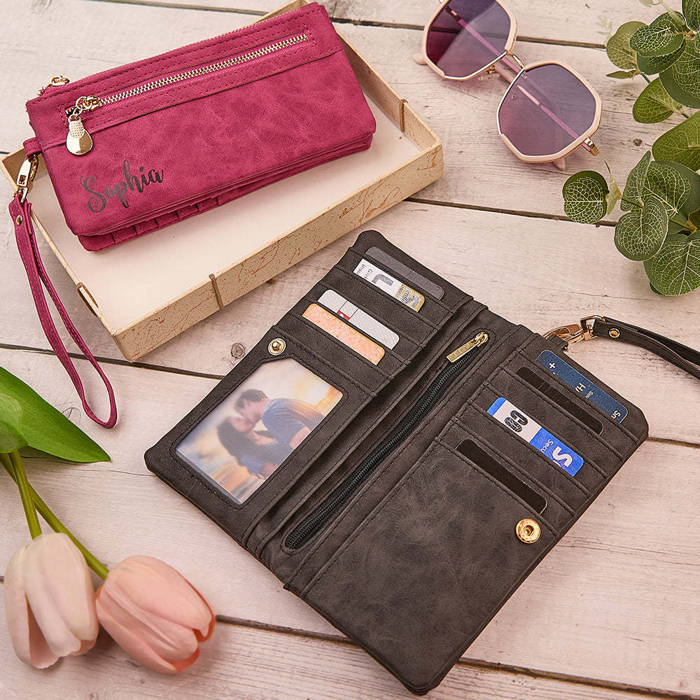 Personalized Leather Wallet with Wristlet Custom Text Wallet Birthday Bridesmaid Gift for Her - yournamenecklaceuk