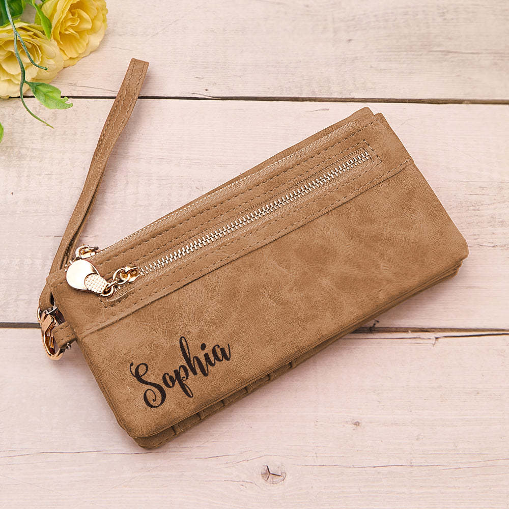 Personalized Leather Wallet with Wristlet Custom Text Wallet Birthday Bridesmaid Gift for Her - yournamenecklaceuk