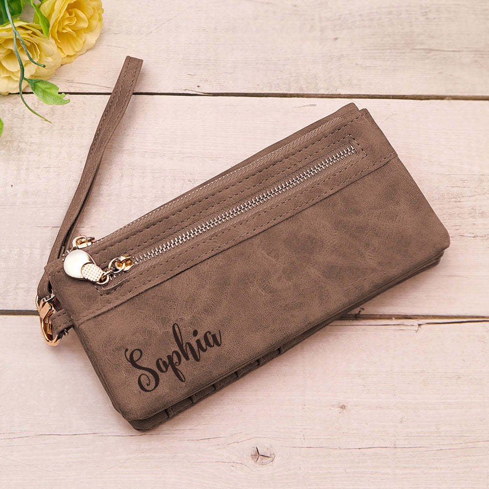 Personalized Leather Wallet with Wristlet Custom Text Wallet Birthday Bridesmaid Gift for Her - yournamenecklaceuk