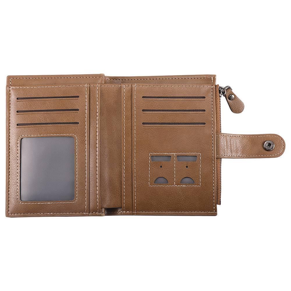 Men's Short Style Custom Inscription Photo Engraved Wallet with Cross Pattern - Brown Leather - yournamenecklaceuk