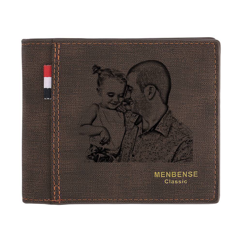 Engraved Short Style Photo Wallet - Dark Brown Leather