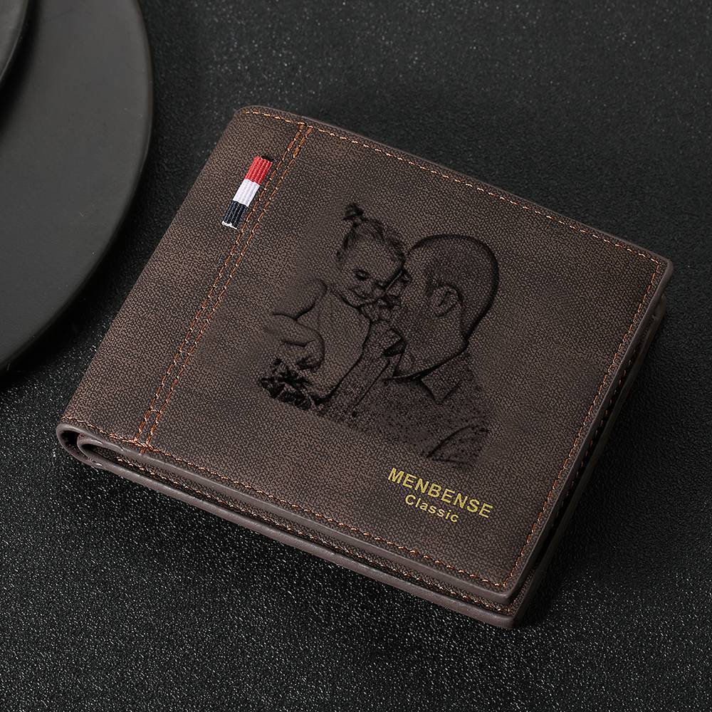 Engraved Short Style Photo Wallet - Dark Brown Leather
