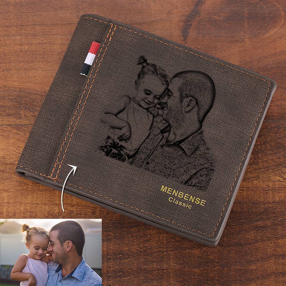 Engraved Short Style Photo Wallet - Dark Brown Leather