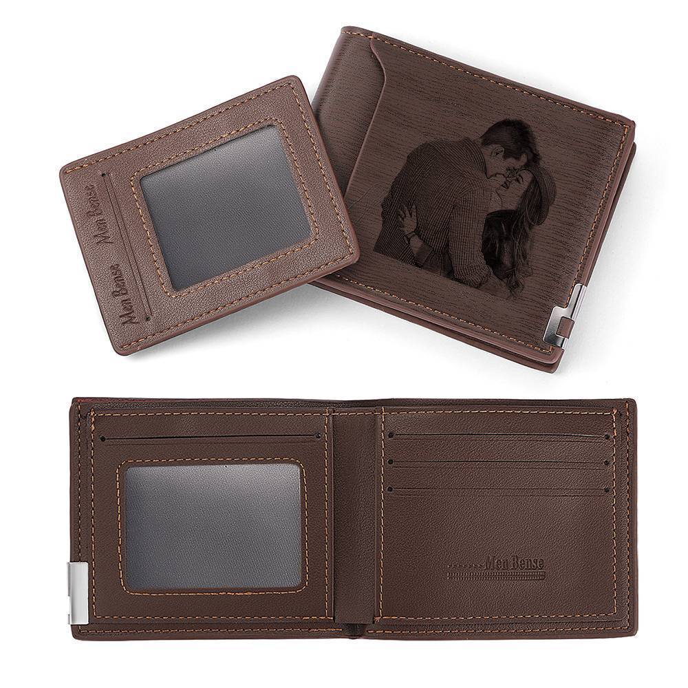 Engraved Short Style Photo Wallet - Light Brown Leather