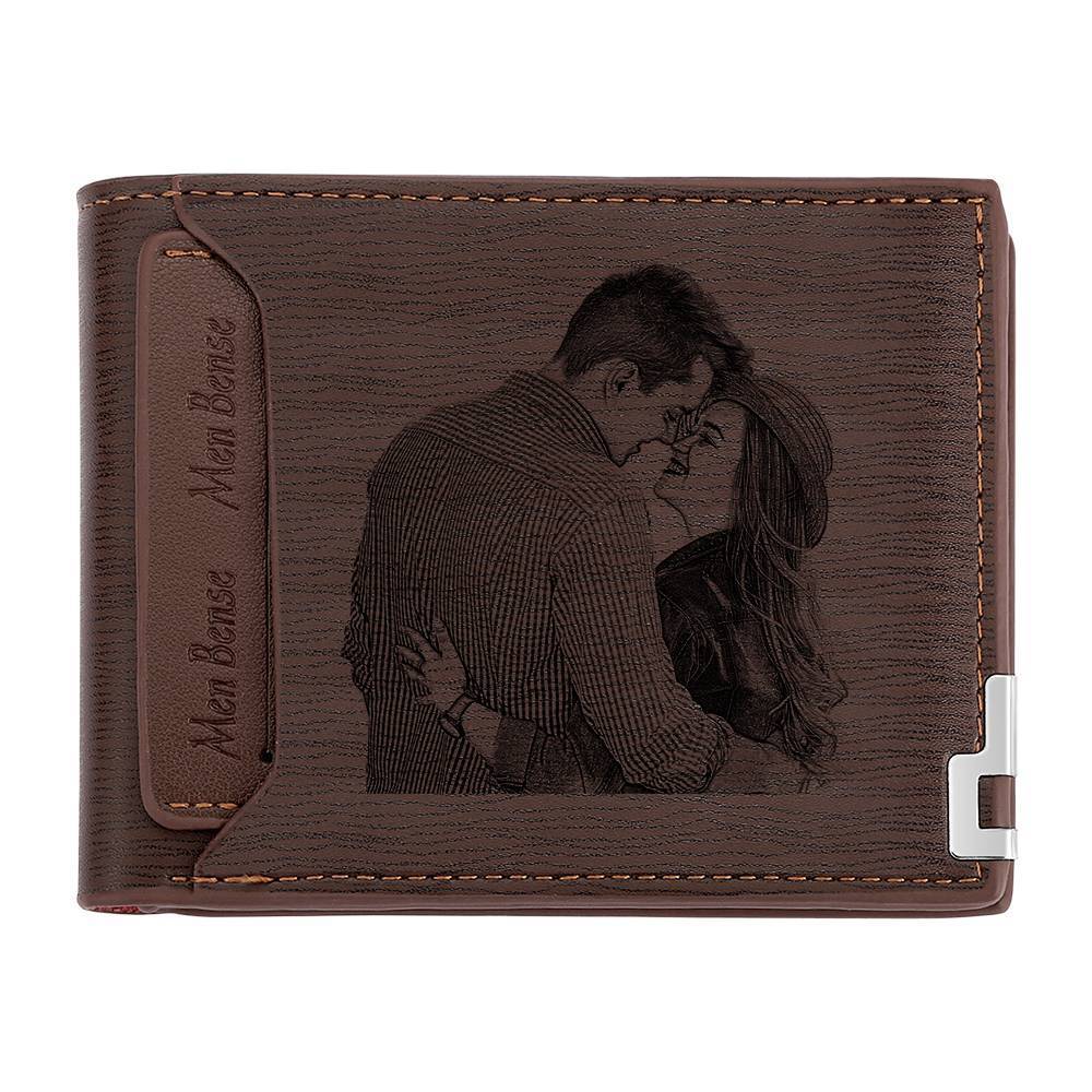 Engraved Short Style Photo Wallet - Light Brown Leather