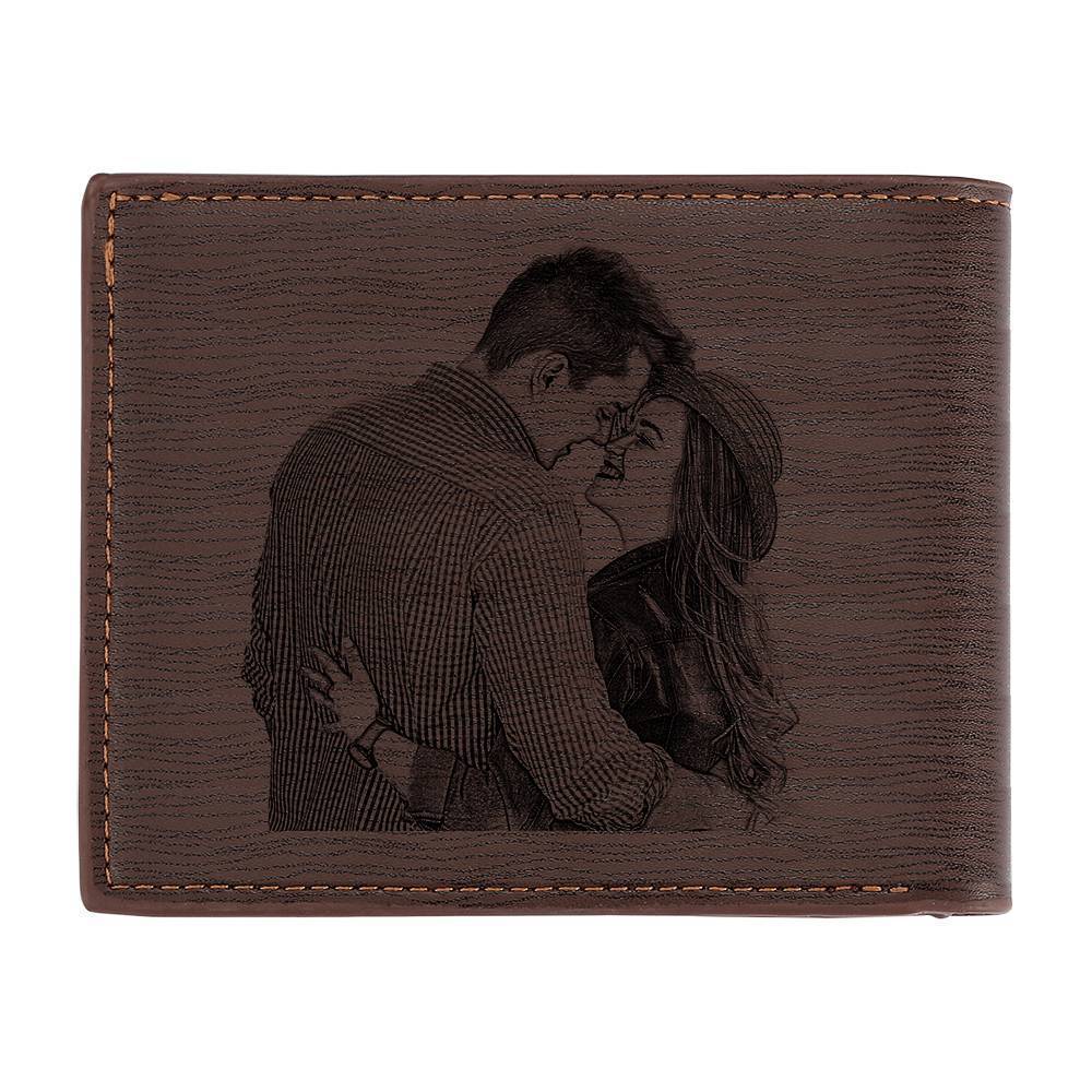 Engraved Short Style Photo Wallet - Light Brown Leather