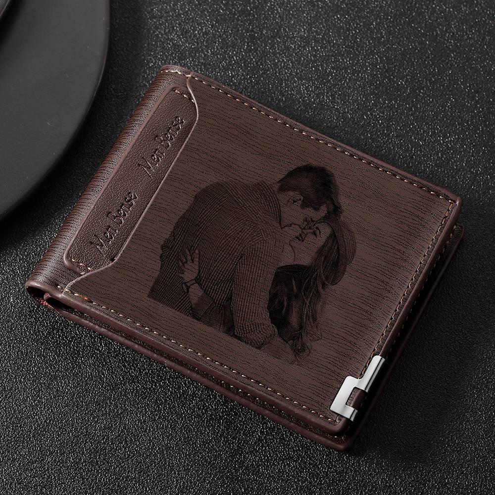 Engraved Short Style Photo Wallet - Light Brown Leather