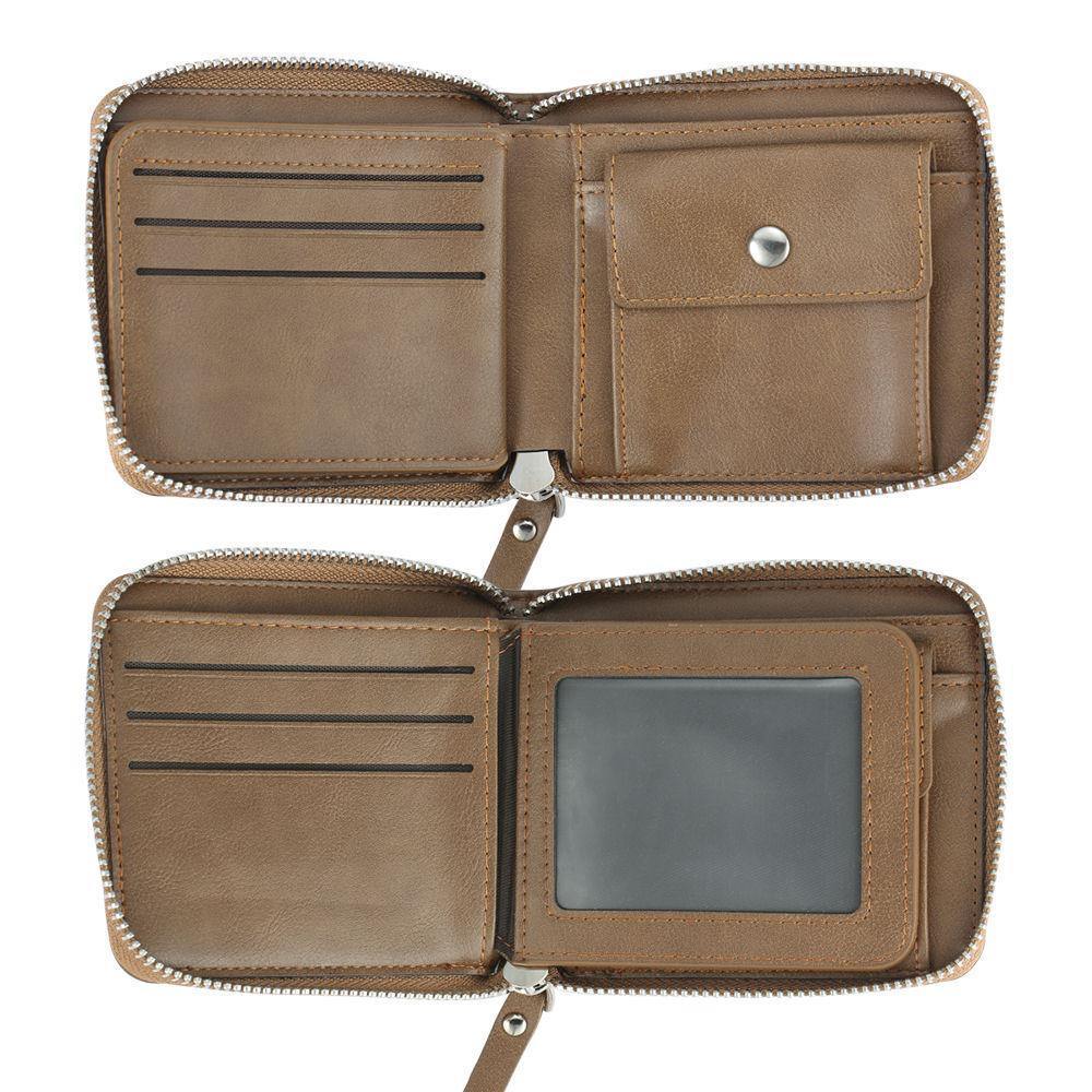 Custom Inscription Photo Engraved Wallet with Zipper, Short Style - Brown Leather - yournamenecklaceuk