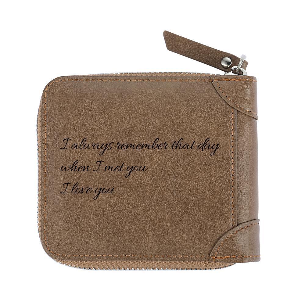 Engraved Short Style Zippered Photo Wallet - Brown Leather