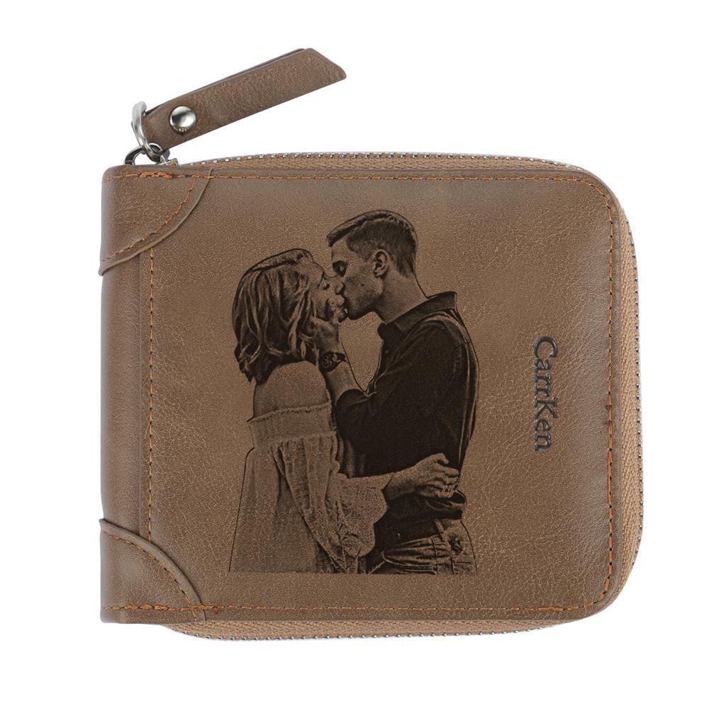 Engraved Short Style Zippered Photo Wallet - Brown Leather
