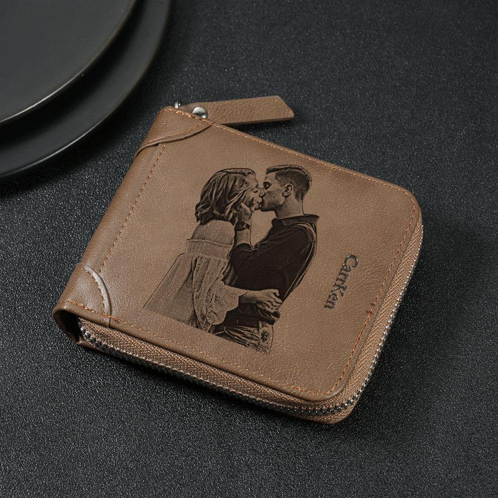Custom Inscription Photo Engraved Wallet with Zipper, Short Style - Brown Leather - yournamenecklaceuk
