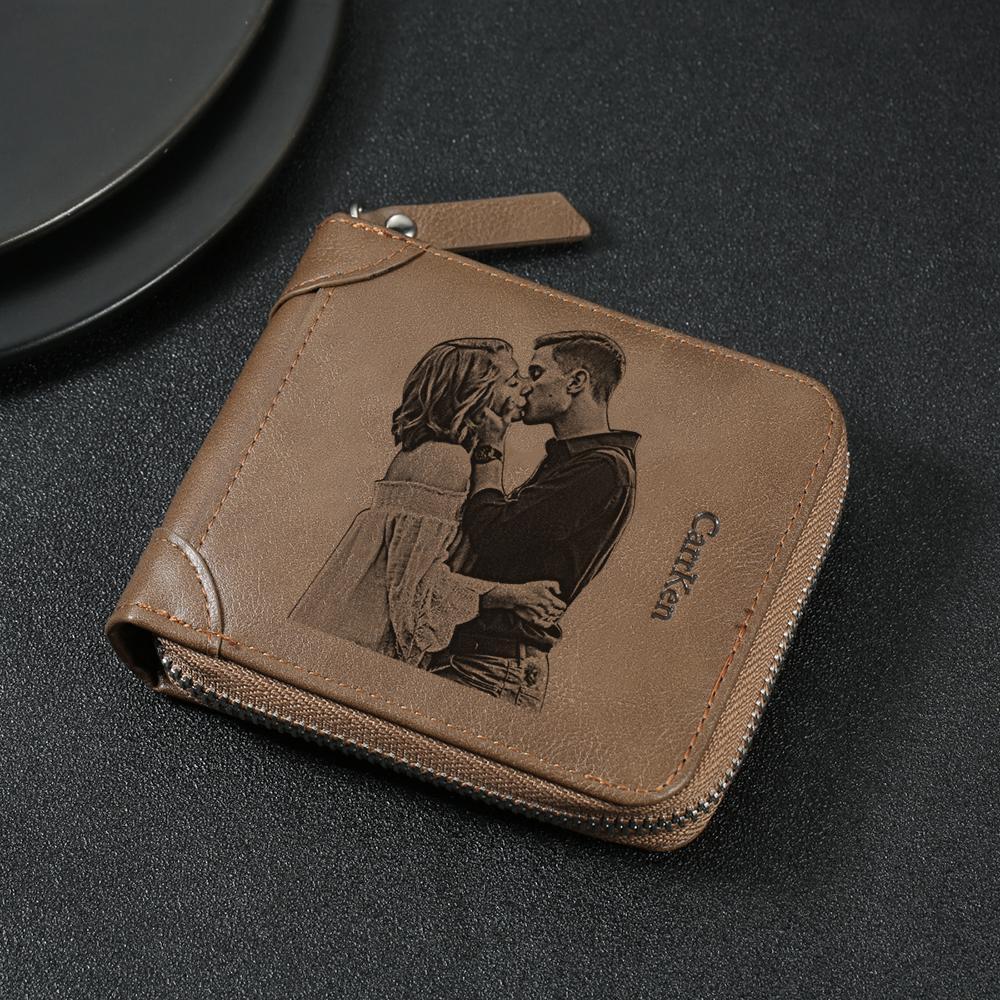 Engraved Short Style Zippered Photo Wallet - Brown Leather