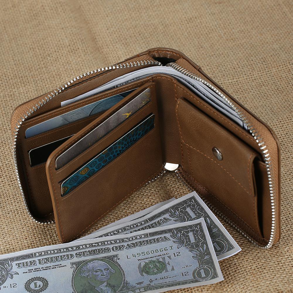 Engraved Short Style Zippered Photo Wallet - Brown Leather