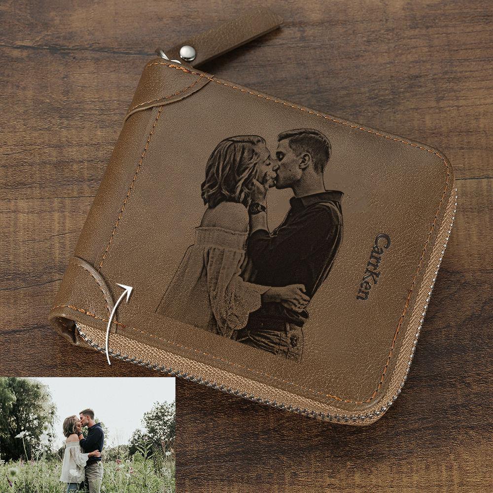 Custom Inscription Photo Engraved Wallet with Zipper, Short Style - Brown Leather - yournamenecklaceuk
