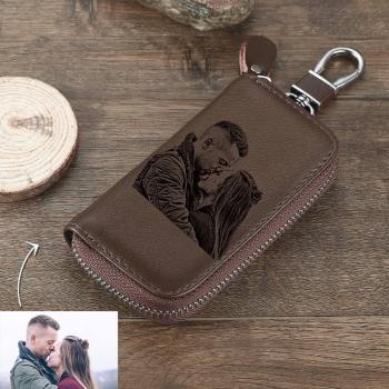 Photo Engraved Key Wallet, Leather Key Case Brown - yournamenecklaceuk