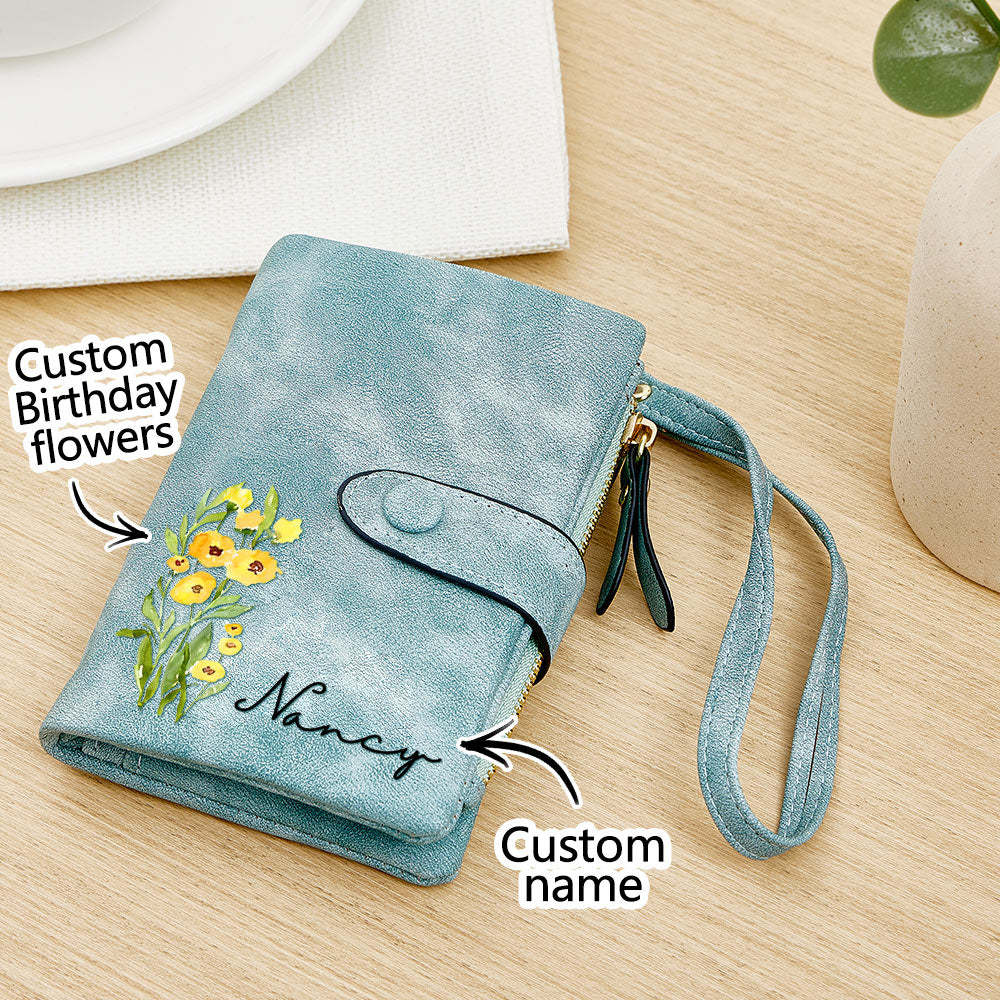 Personalized Name Colorful Birth Flower Wallet Card Holder Birthday Gift for her - yournamenecklaceuk