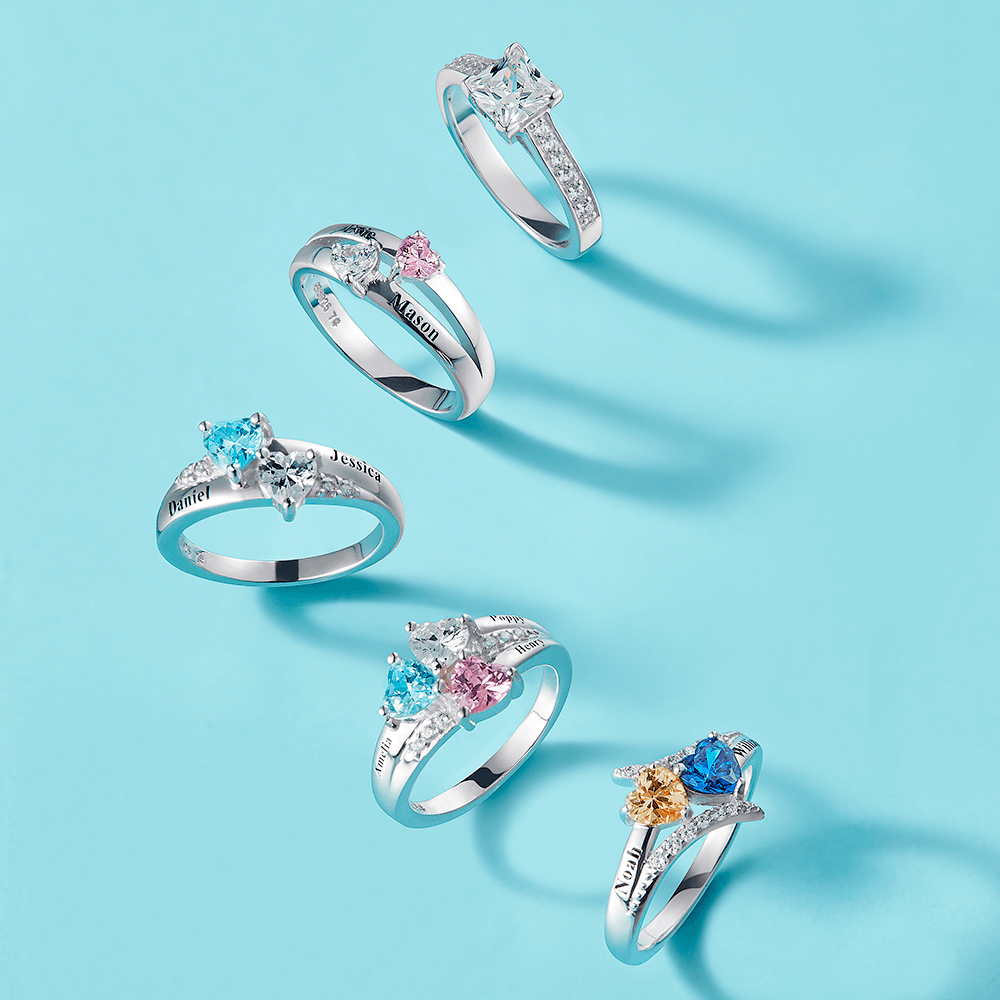 Engraved Double Heart Birthstone Promise Ring Silver - yournamenecklaceuk