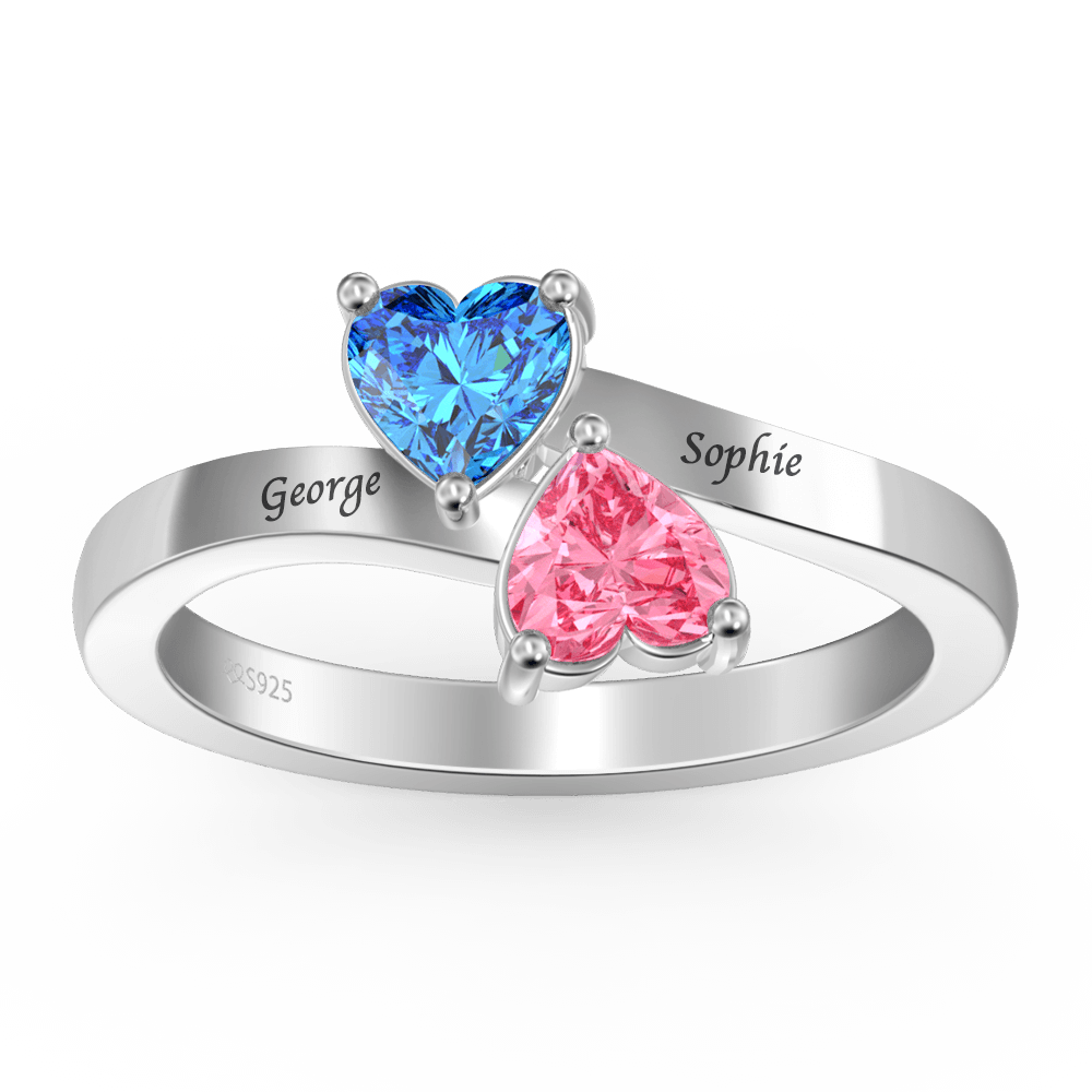 Personalised Birthstone with Engraving Double Heart promise Ring Silver - yournamenecklaceuk