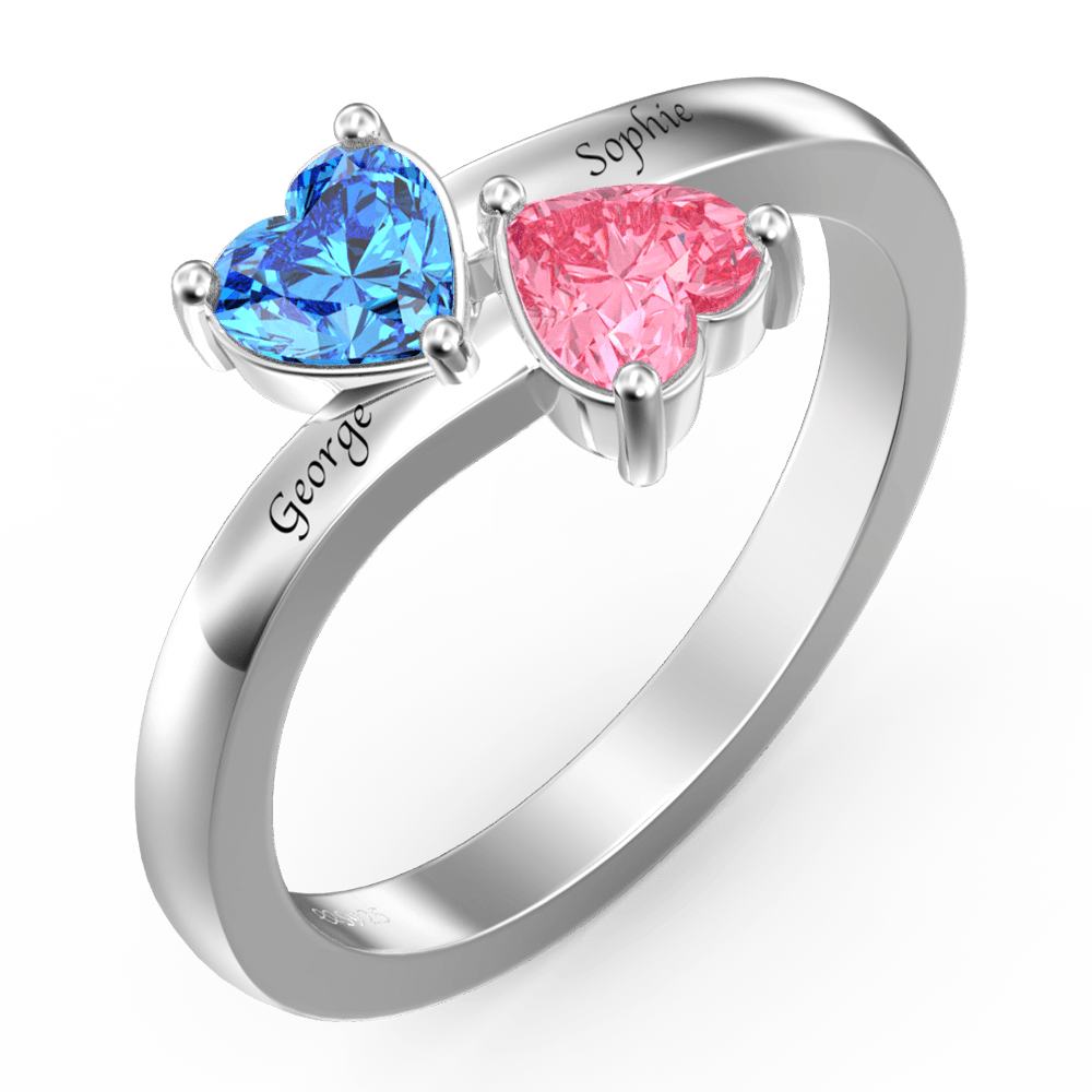 Personalised Birthstone with Engraving Double Heart promise Ring Silver - yournamenecklaceuk
