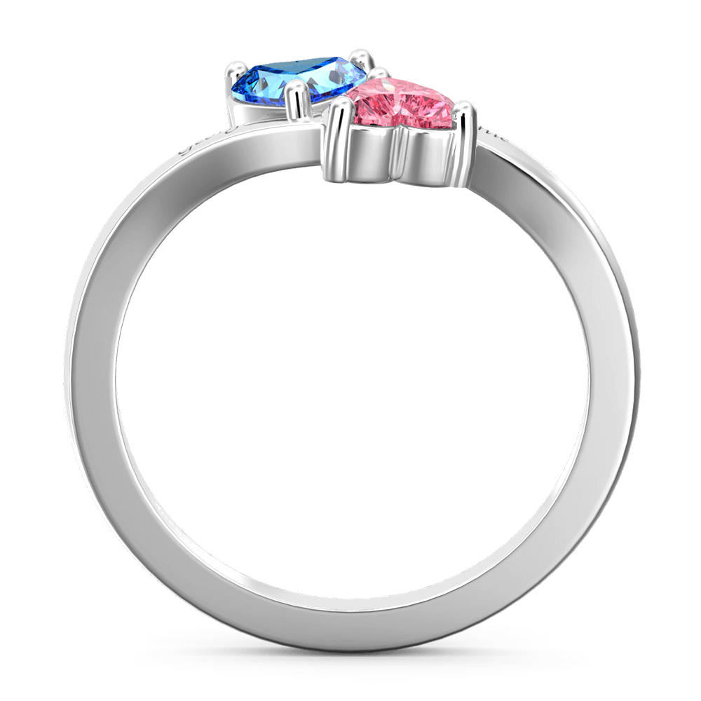Personalised Birthstone with Engraving Double Heart promise Ring Silver - yournamenecklaceuk