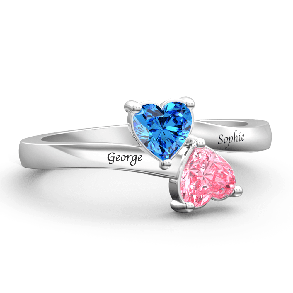 Personalised Birthstone with Engraving Double Heart promise Ring Silver - yournamenecklaceuk