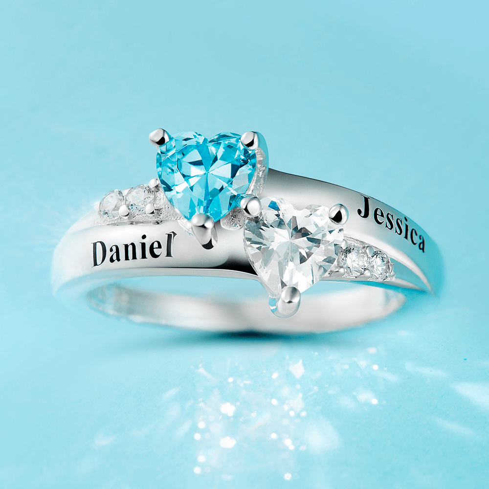 Engraved Double Heart Birthstone Promise Ring Silver - yournamenecklaceuk
