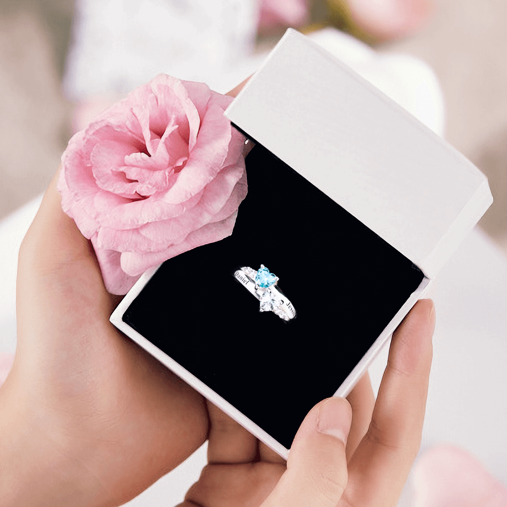 Engraved Double Heart Birthstone Promise Ring Silver - yournamenecklaceuk