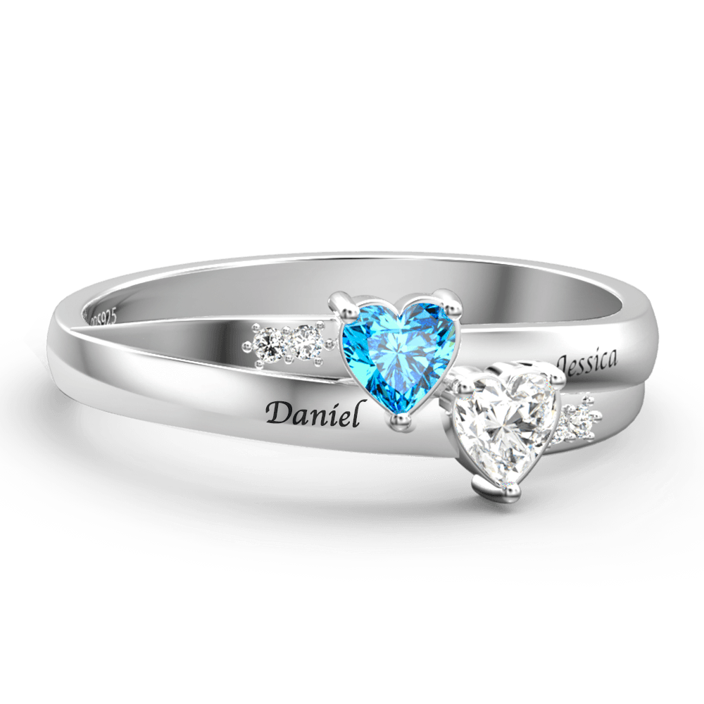 Engraved Double Heart Birthstone Promise Ring Silver - yournamenecklaceuk