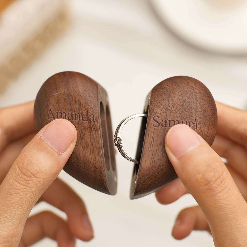 Personalized Heart-Shaped Engraved Ring Box Wooden Double Rings Wedding Ring Holder - yournamenecklaceuk