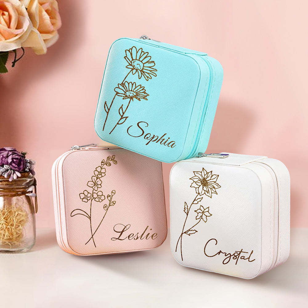 Personalized Birth Flower Jewelry Box Custom Leather Jewelry Organizer Storage Gift for Her - yournamenecklaceuk