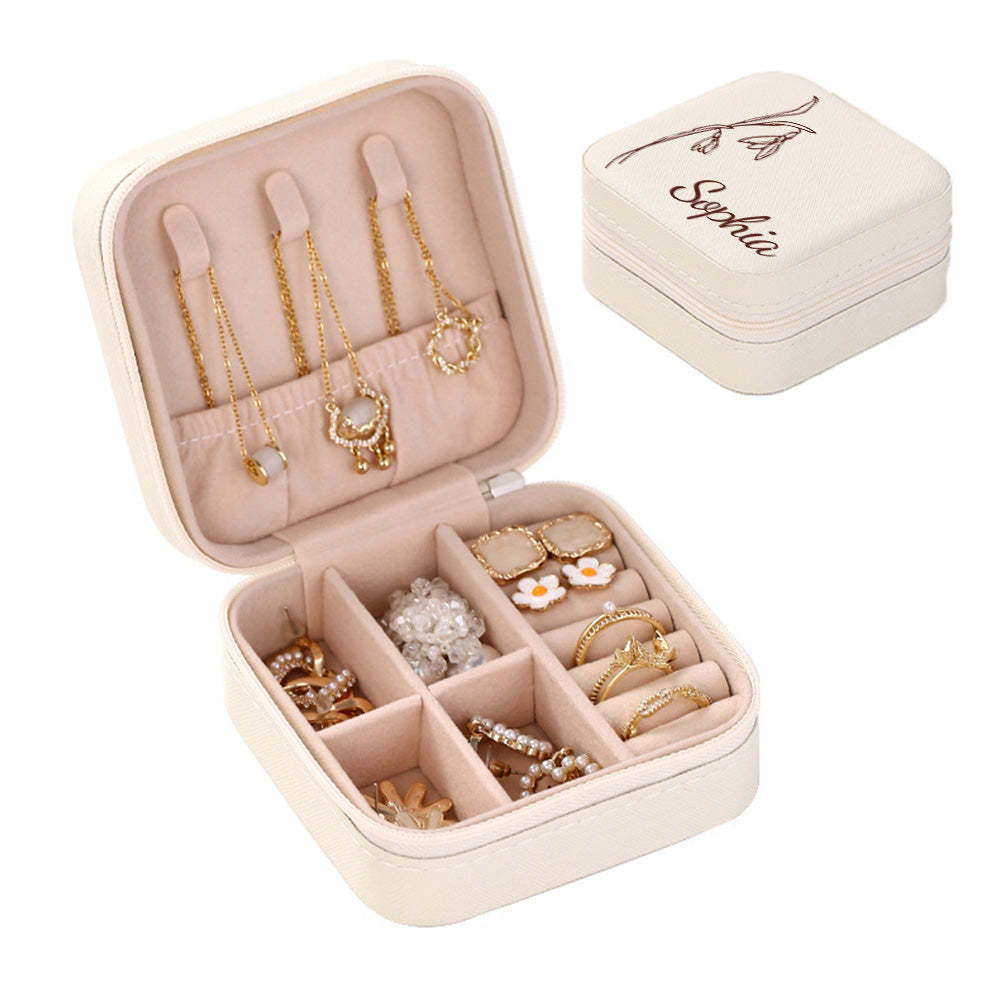 Personalized Birth Flower Jewelry Box Custom Leather Jewelry Organizer Storage Gift for Her - yournamenecklaceuk