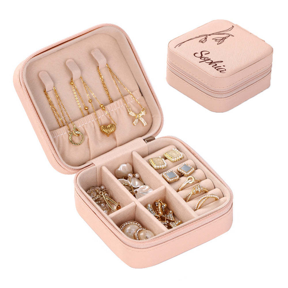 Personalized Birth Flower Jewelry Box Custom Leather Jewelry Organizer Storage Gift for Her - yournamenecklaceuk