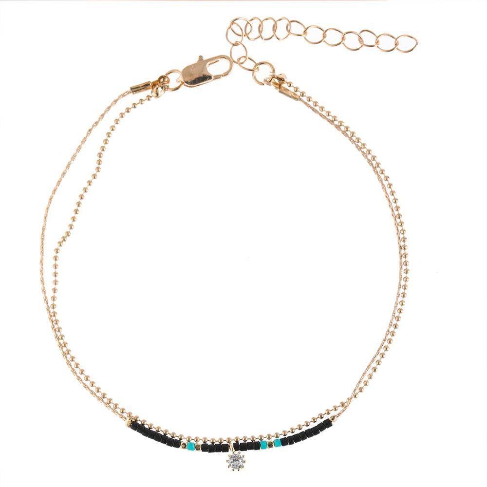 Beaded Double Anklet with Black Bead-yournamenecklaceuk